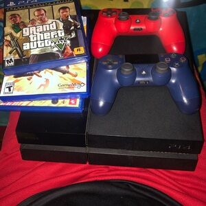Sony PlayStation 4 Console with Red and Blue Controllers